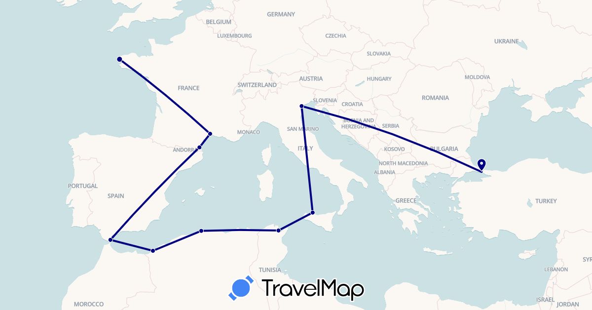 TravelMap itinerary: driving in Algeria, France, Gibraltar, Italy, Tunisia, Turkey (Africa, Asia, Europe)